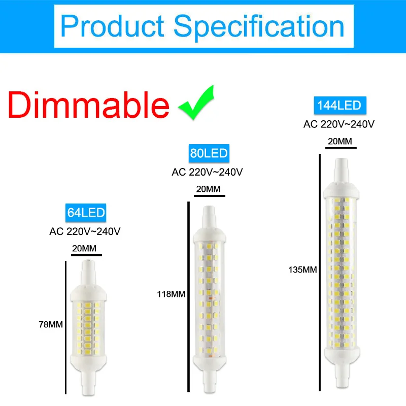 СВЕТОДИОДНЫЙ R7S лампа AC 85-265 в J78 J118 J135 светодиодный светильник с регулируемой яркостью 78 мм 118 мм 189 мм Замена галогенов 50 Вт прожектор точечный светильник