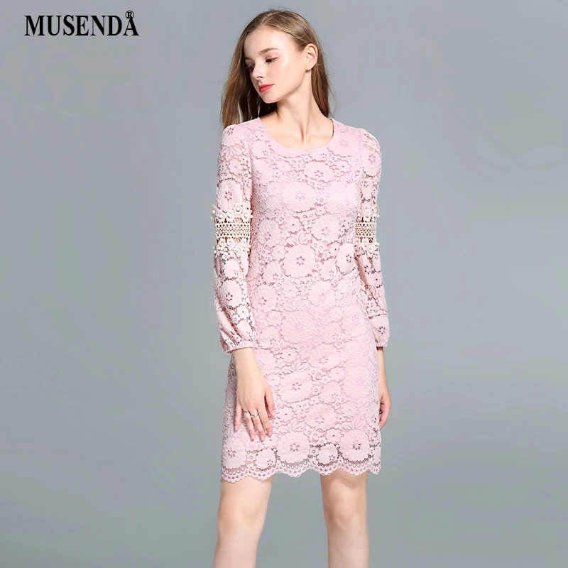 

MUSENDA Plus Size 5XL Women Beading Hollow Out Pink Lace Dress 2017 Autumn Lady Sexy Casual Fashion Brief Party Office Dresses