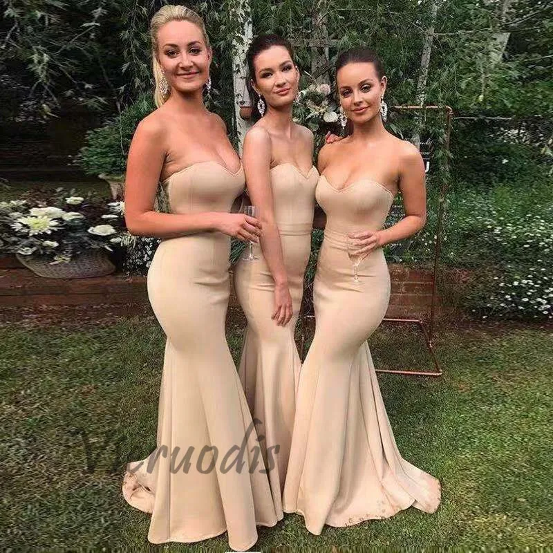 

Champagne Sweetheart Sleeveless Satin Pleated Court Train Mermaid Bridesmaid Gowns Sexy