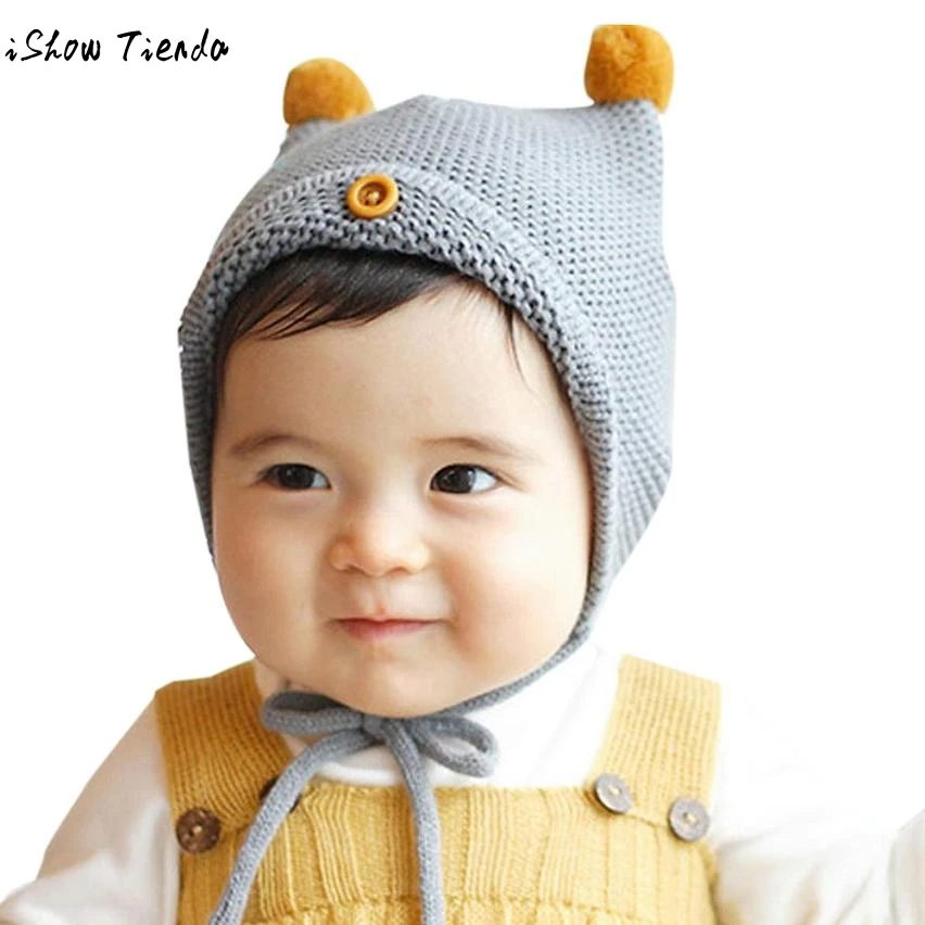 Baby Winter Hat Cute Ball Flanging Button children Wool Kniting Hat Baby Cap Winter Toca