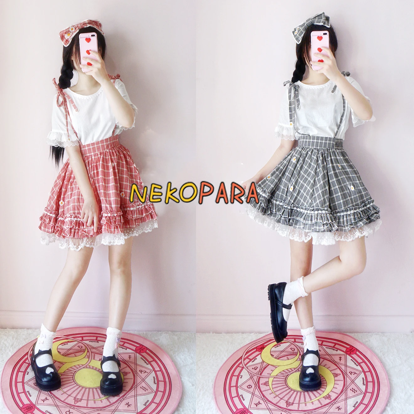 

Summer Daisy Cute Women's 2PCS Set: White Round Collar Hollow Out T-shirt Tee + Plaid Checks Suspender Skirt 2 Colors