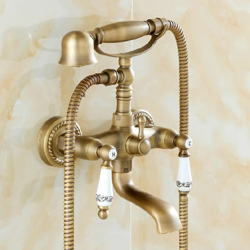 Classic Shower Faucet Set Mixer Tap Antique Bronze Decor Ceramic Brass Wall Mounted Bath Shower Tap Bathtub Faucet Crane H-01