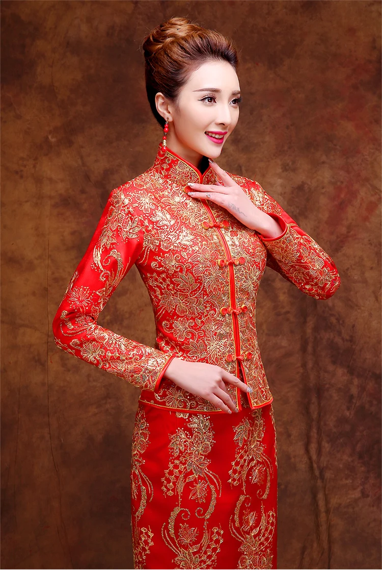 1set-lot-woman-dragon-embroidery-red-cheongsam-set-satin-top-and-skirt-long-sleeve-cheongsam