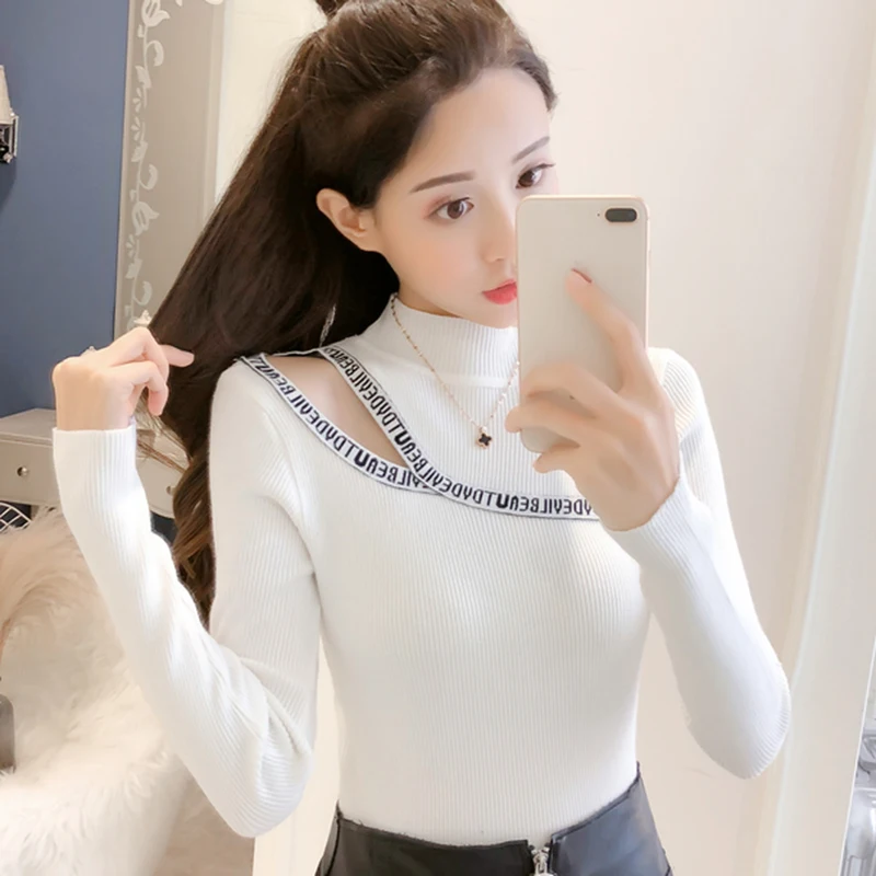 Turtleneck Sweater Elasticity Sexy Off Shoulder Korean Winter Woman Sweater Letter Embroidery Pullover Women Slim Sweaters 