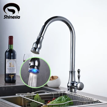 

Solid Brass LED Swivel Spout Kitchen Sink Faucet Pull Out Mixer Tap Chrome Polished