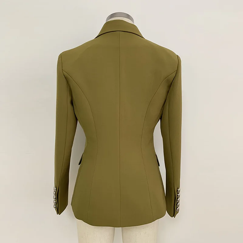 2019 New Fashion Green Blazer Femme Double Breasted Silver Metal lion Head Button Work Offiec Lady Blazer Coat