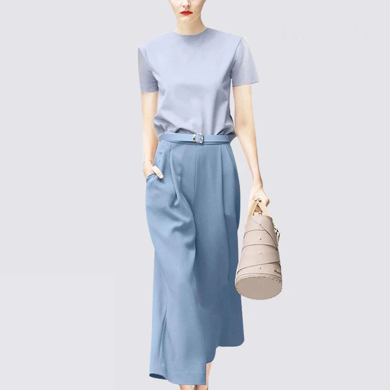 

Wide Leg Pants Suit Women 2019 Summer New Short Sleeve Tshirt Fashionable Temperament Two Pcs Set