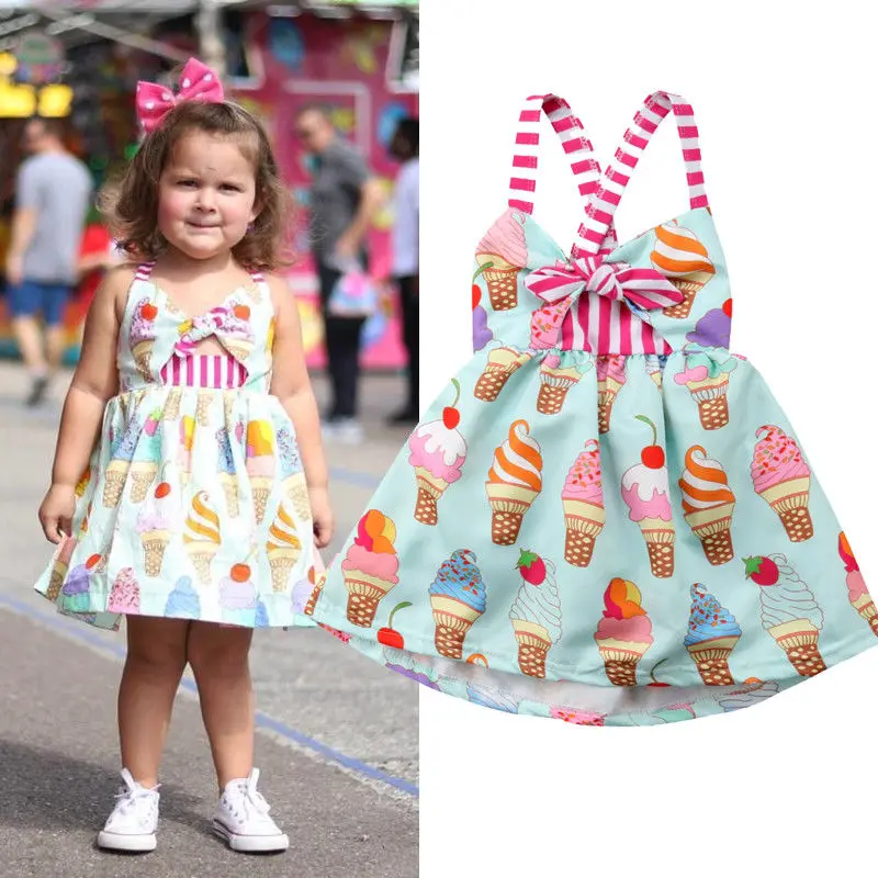 Милое платье без рукавов с открытой спиной для маленьких девочек, сарафан с рисунком мороженого, летняя одежда