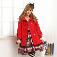 Милое красное пальто в стиле Лолиты в стиле ретро, британское кружевное свободное Женское зимнее пальто с бантами