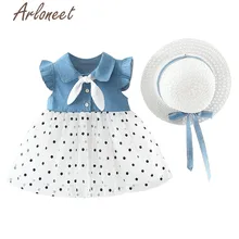 Одежда arloneet/платье для маленьких девочек Детские платья с рюшами повседневные платья в горошек с бантом и шляпой г. Летнее Праздничное Платье До Колена Для Девочек