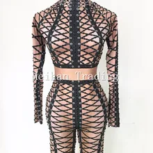 Черные кристаллы Сексуальный Обнаженный стрейч Легинсы-комбинезон цельный костюм комбинезон наряд повязки шаблон Боди Одежда на день рождения
