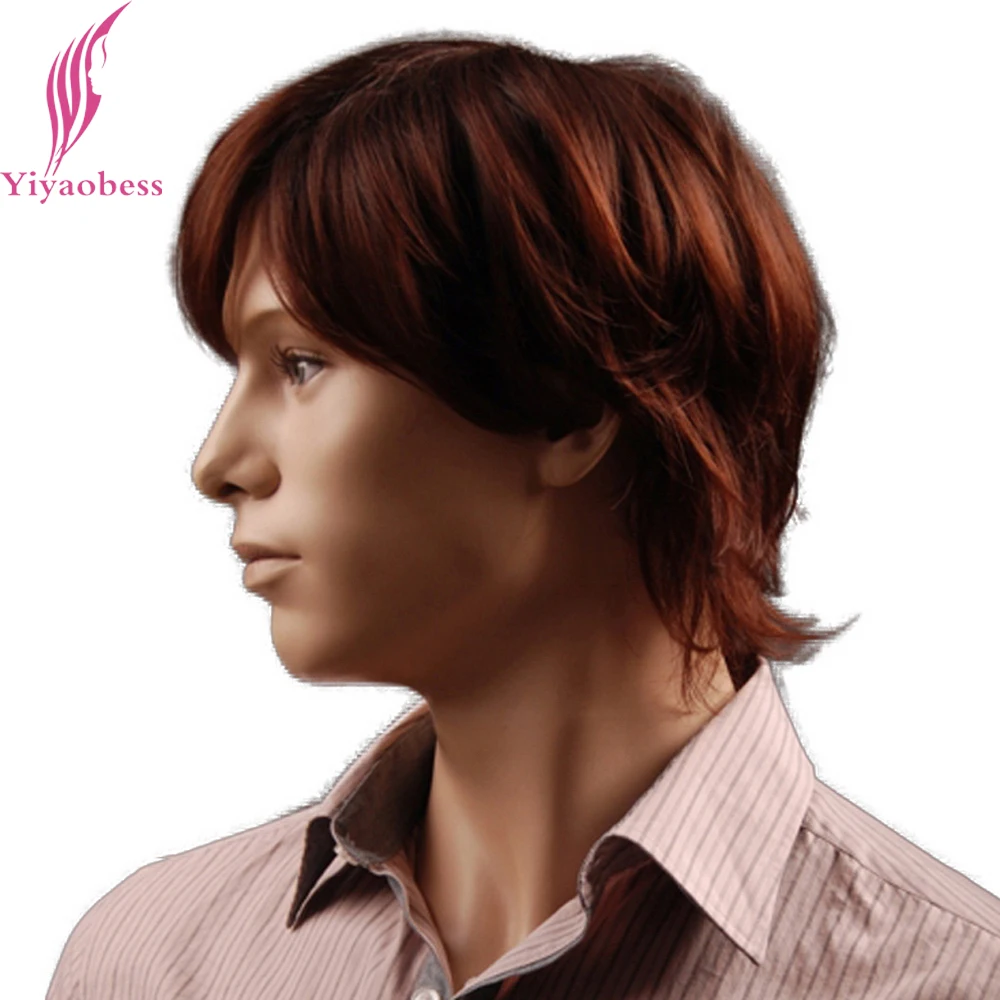 Yiyaobess 8inch Puffy Synthetic Hair Reddish Brown Short Men Wig