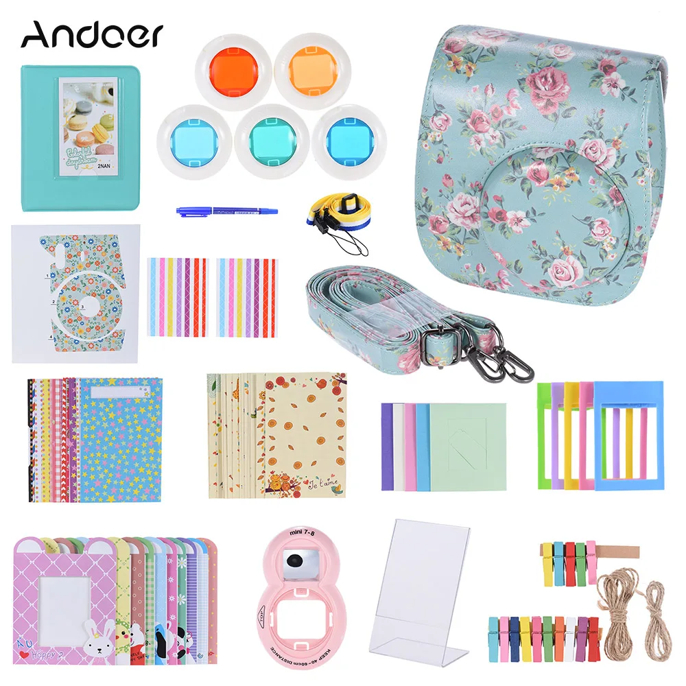 Andoer 14 in 1 Accessories Kit Camera Bag for Fujifilm Instax Mini 8/8+/8s w/ Camera Case/Strap/Sticker/Selfie Lens Video Bag - Цвет: Светло-зеленый