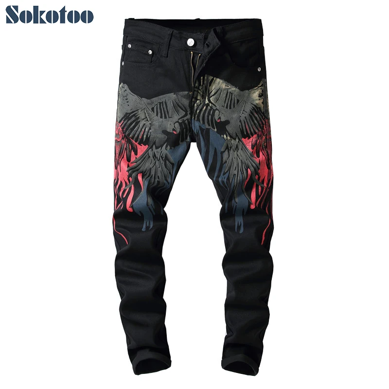 

Sokotoo Men's colored pattern 3D printed back jeans Fashion eagle painted slim fit straight pants