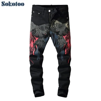 

Special price! Men's colored pattern 3D printed back jeans Fashion eagle painted slim fit straight pants