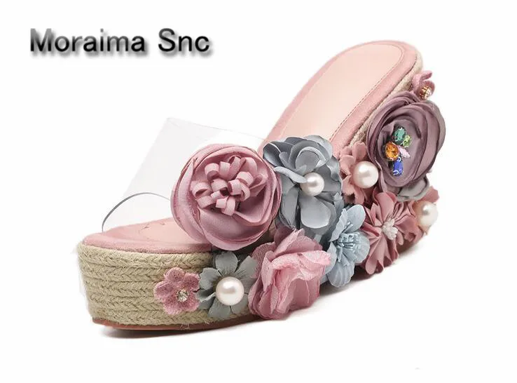 

Moraima Snc brand pantoufle femme summer Thick bottom slippers women Colorful flowers platform high heels sandals ladies wedges