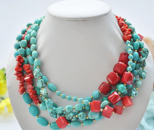 

Jewelr 006163 5row red coral & blue turquoise bead necklace