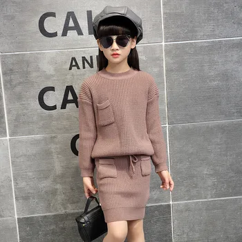 

Winter Girls Sweater Clothing Set Children Warm Knitwear Sweater & Skirt 2 Pieces Dress Suit Teenage Kids Solid Clothes Set Hot