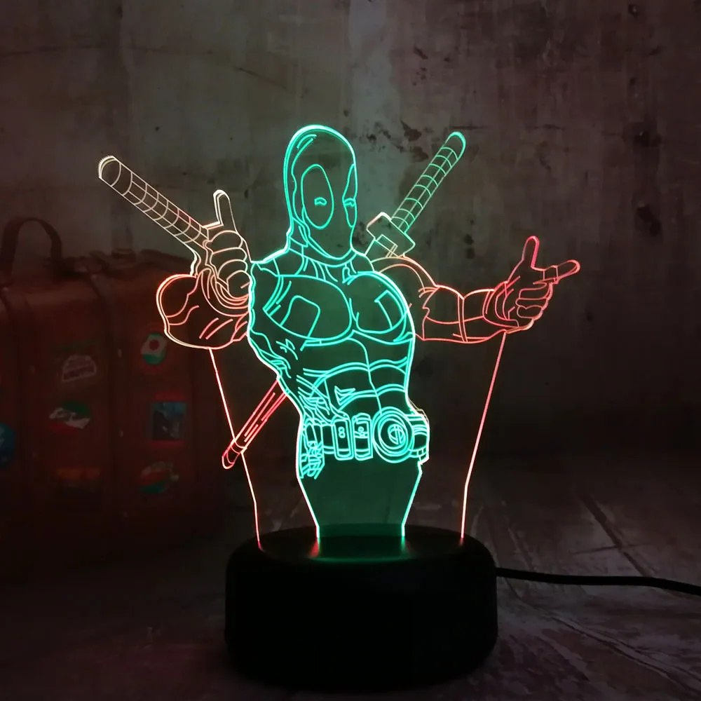 Новинка Marvel Hero Deadpool 3D RGB светодиодный Ночной светильник 7 смешанных двух цветов