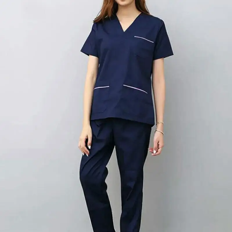 Navy blue V шеи короткий рукав Для женщин работы топы, штаны наборы скрабов больницы врач хирургической медсестры костюм для стоматологической клиники медицинская форма медсестры - Цвет: Navy blue