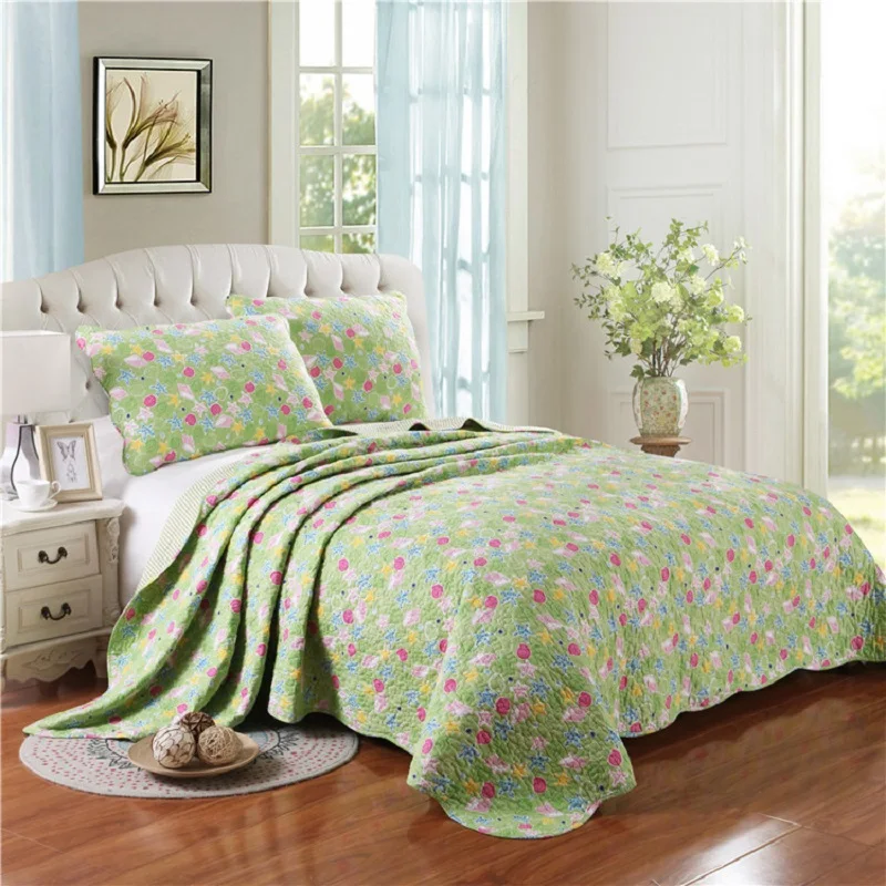 

CHAUSUB New Green Quilt Set 3PCS Washed Cotton Quilts Bedspread Quilted Bed Cover Pillowcase Printed Coverlet Set King Size