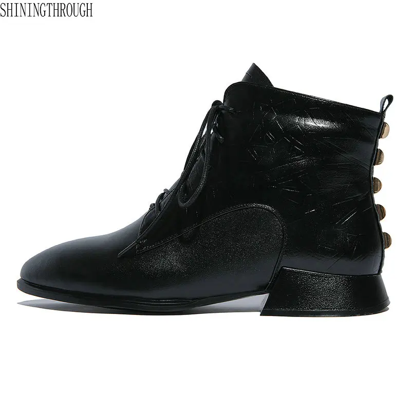 

Genuine leather women boots thick low heels motorcycle boots woman punk handsome superstar lace up ankle boots large size 41 42