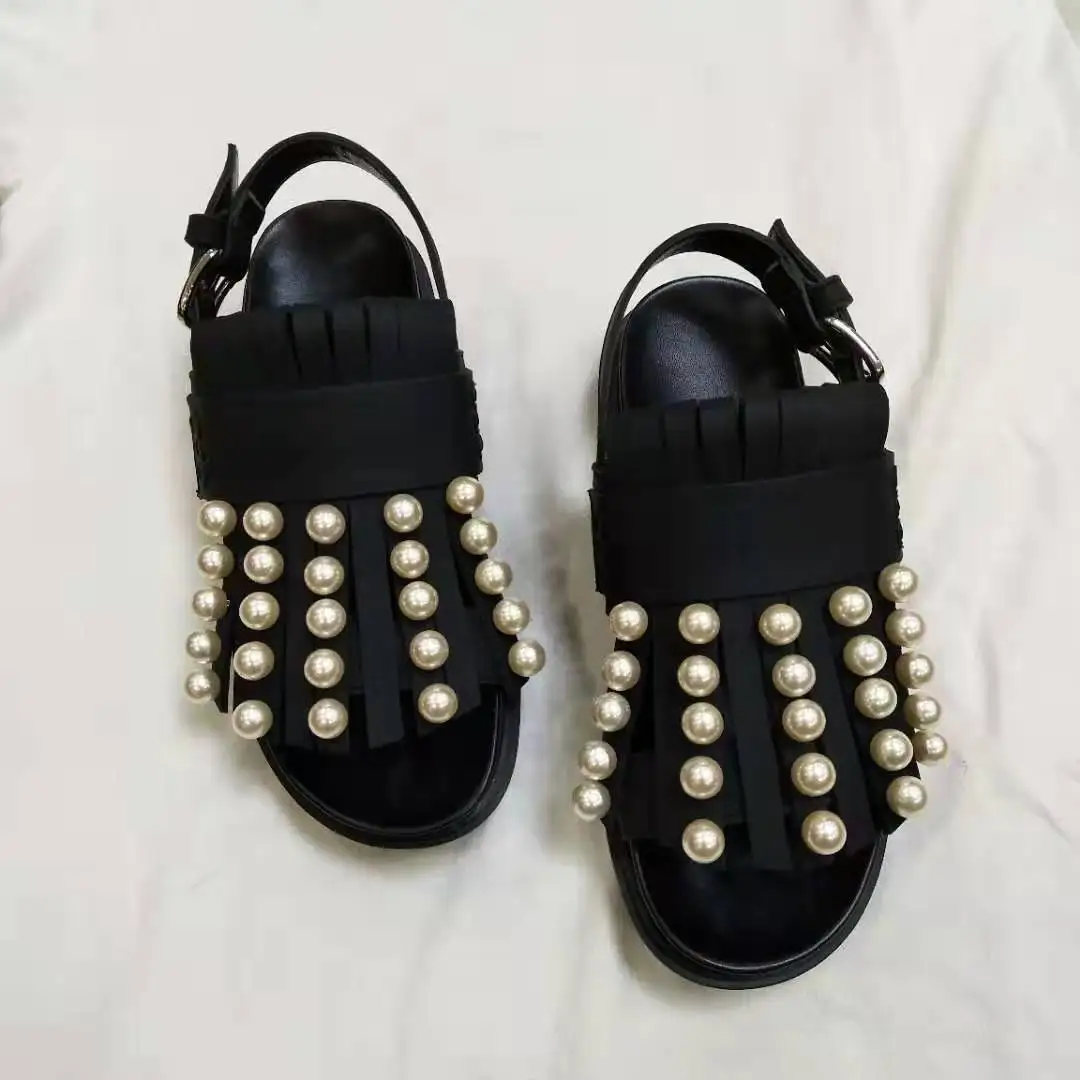 

Carole Levy 2019 Pearl Decor Women Shoes Summer Solid Black Flat With Cozy Lady Single Shoes Female Student Shoes Concise Sandal