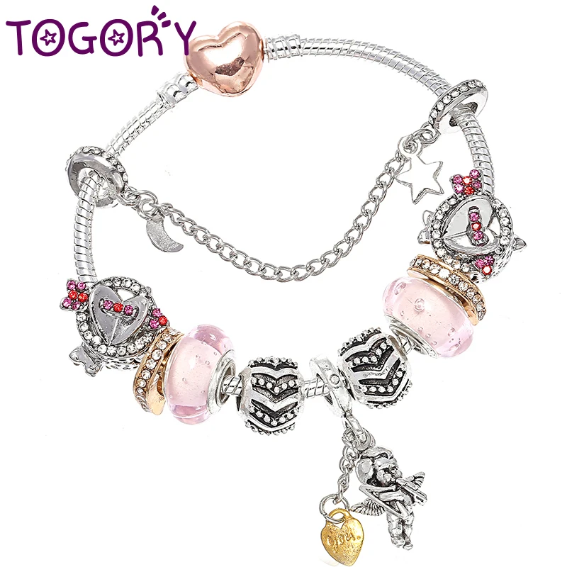 

TOGORY Summer New Style Fowers Charm Bracelet With Love Heart Charms Fit DIY Pandora Bracelet For Children Girl Brand Jewelry