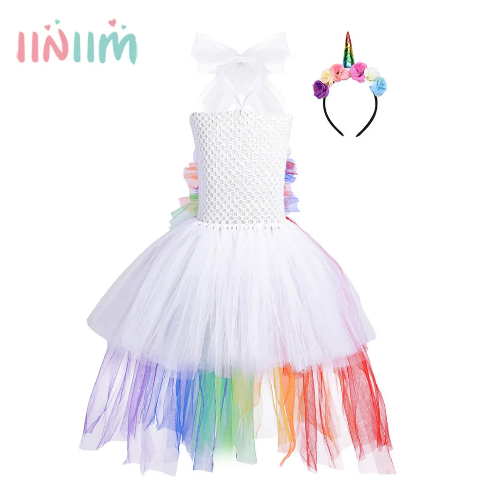 

Girls Kids Outfit Adjustable Halter Tiered Rainbow Mesh Tutu Dress with Hair Hoop Halloween Cosplay Party Costume Set