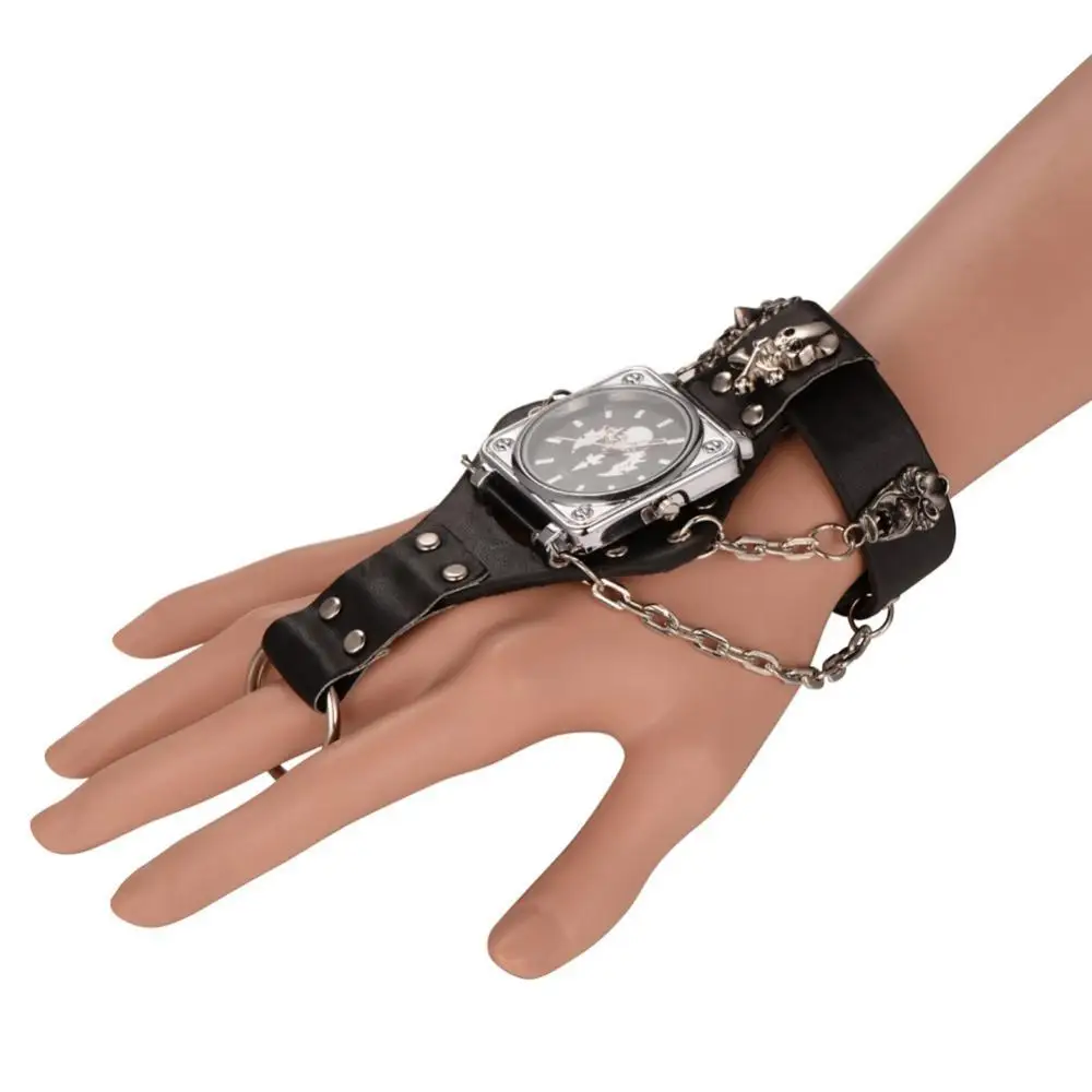 

Hot New Men Punk Skull Black Leather Bracelet Wrist Watches with Wide Band Big Dial Watch Hours for Men relogio masculino