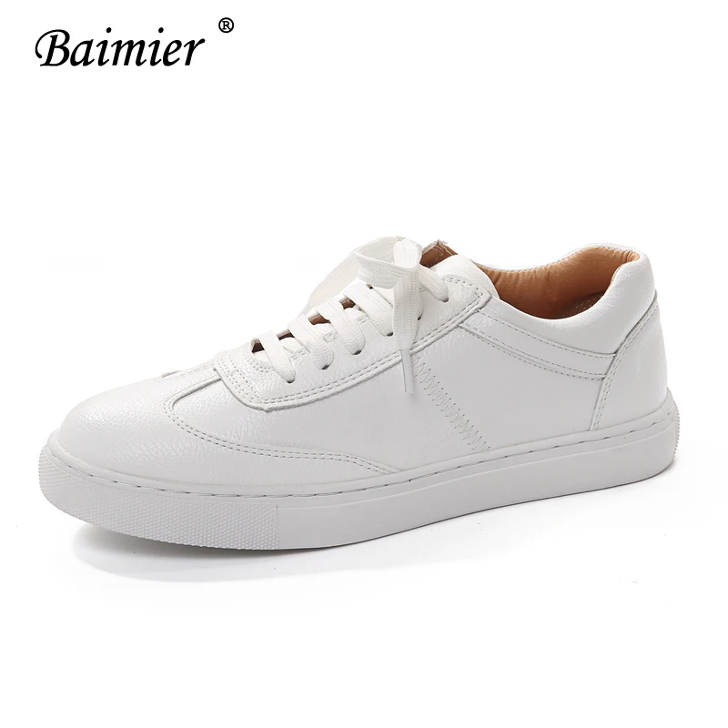 Baimier Genuine Leather White Women Sneakers Spring Street Style Lace up Running Shoes Casual Comfortable Women Flat Shoes