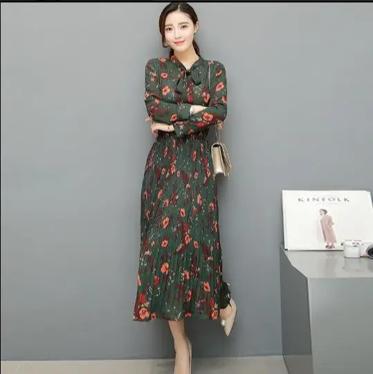

Spring Summer Dress 2018 New Korean Fashion Green Flowers Vestidos Women Flare Sleeve Floral Print Long Chiffon Dresses Bow E960