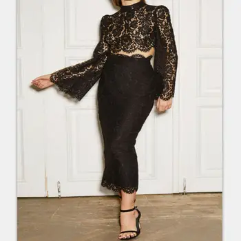 

Newest Summer Dresses Black Lace Print O-Neck Mid-Calf 2 Pieces Button Evening Party Women's Lace Dress Slim Club Party Dresses