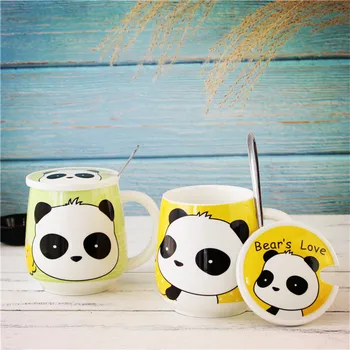 

4 Color Kawaii Cartoon Panda Mugs with spoon ceramic cup with lid water bottles coffee milk mug tea cups Lover Birthday Gifts