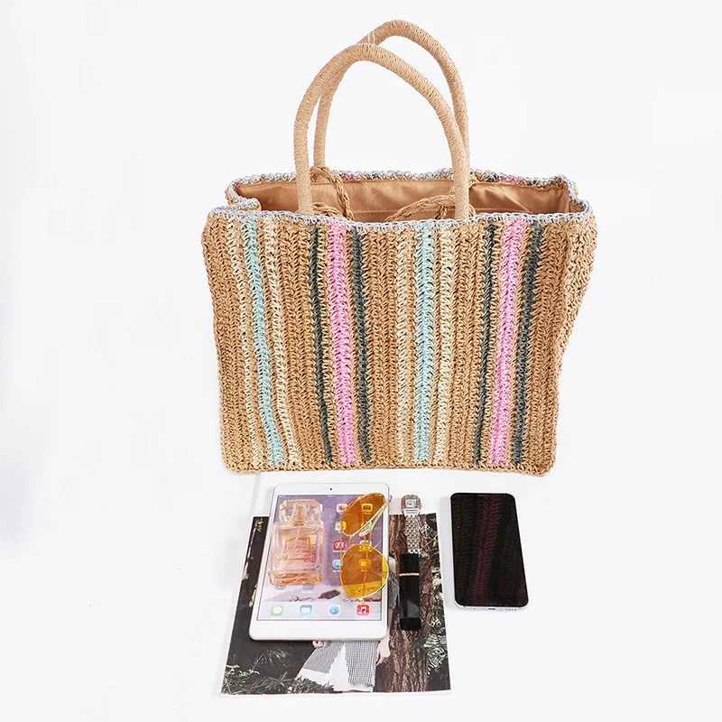 

LJL-New Summer Women Weave Bohemian Style Striped Shoulder Beach Bag Female Casual Shopping Bag Floral Messenger Bags