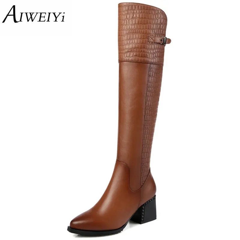 AIWEIYi Women Black Knee High Boots Genuine Leather Long Boots Autumn Winter Ladies Fashion Warm Chunky