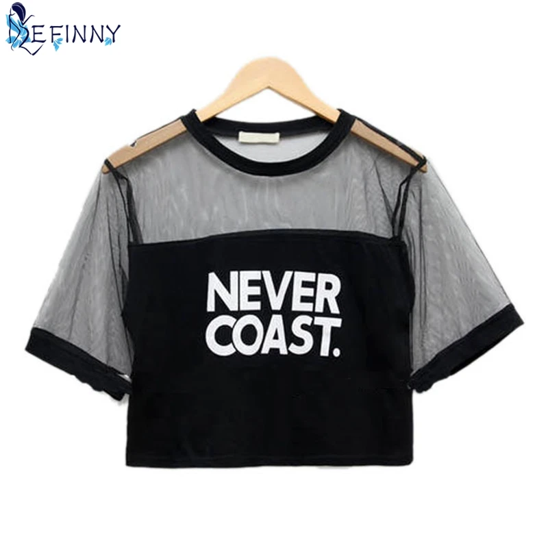 Sexy Lace Perspective Mesh Female T Shirt O Neck See Through Look Tops