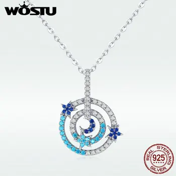 

WOSTU Real 100% 925 Sterling Silver Moon & Star PenBNnt Necklaces Blue CZ Long Chain For Women Wedding Lover Gift Jewelry BNN041