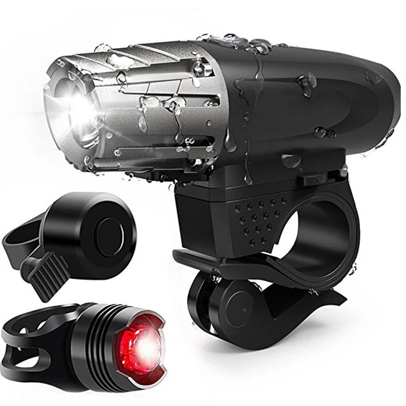 

2018 Portable USB Rechargeable Waterproof Bike Torch MTB Road Front Lamp +Bicycle Tail Light +Bike Bell Set Taillight Bike Light
