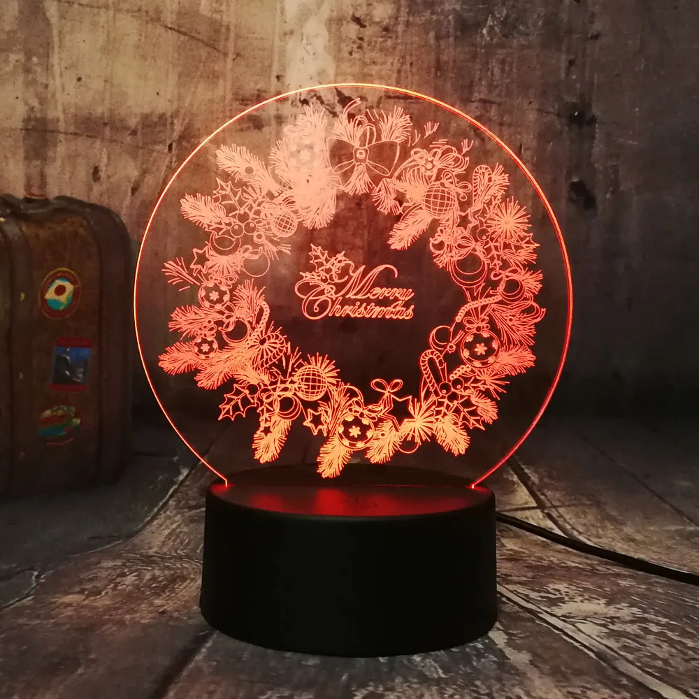 Новинка новогодний Рождественский венок 3D светодиодный RGB Ночной светильник USB