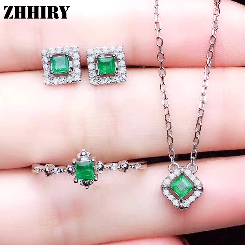 Natural Emerald Jewelry Sets Genuine Solid 925 Sterling Silver For Women Gemstone Ring Necklace
