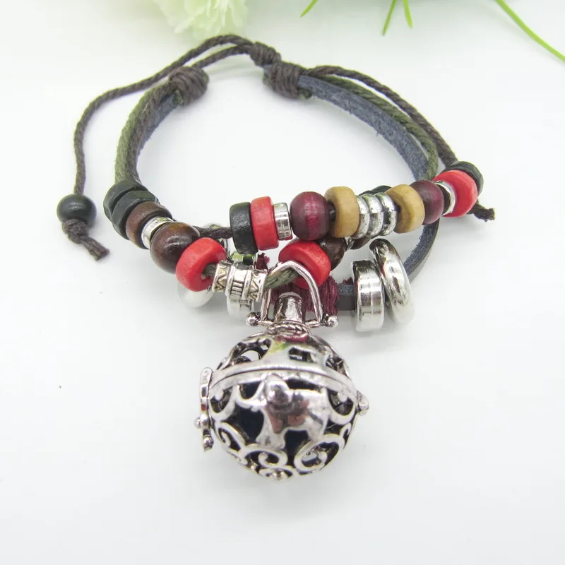 

Ethnic Various Wood Beads and Metal Spacers DIY Female`s Locket Perfume Essential Oil Diffuser Leather Bracelet