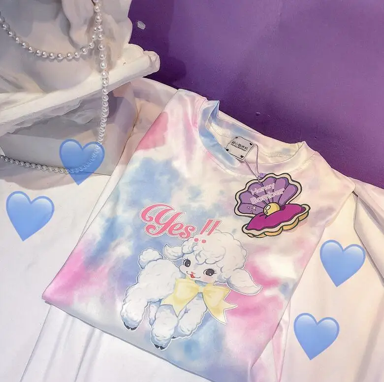 as picture Japanese Girls'Daily Mild Sheep Gradually Change Half Short-sleeved Ins Fire Tie-dyed Cool Girls TX6 - Color: as picture