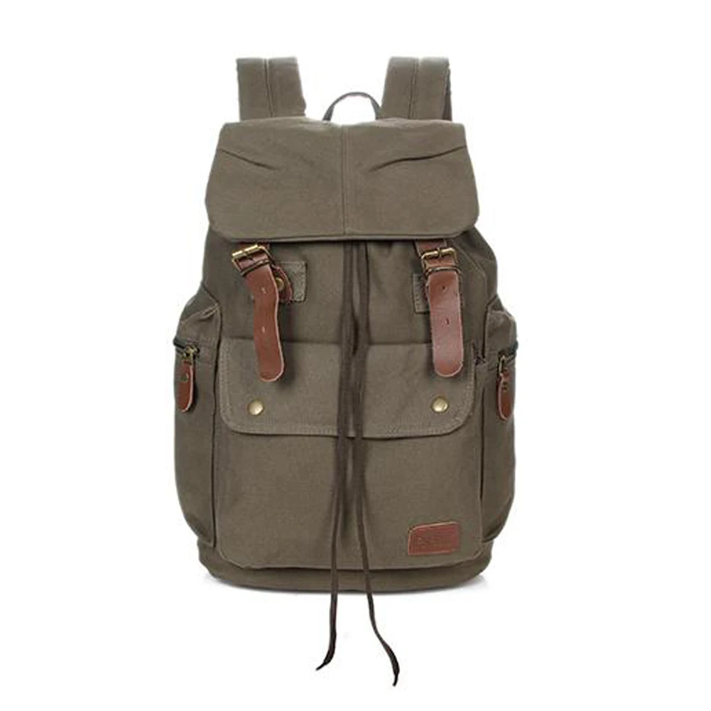 

Backpack Straw String Travel Bag Washed Canvas Bag with Leather Rucksack LT88