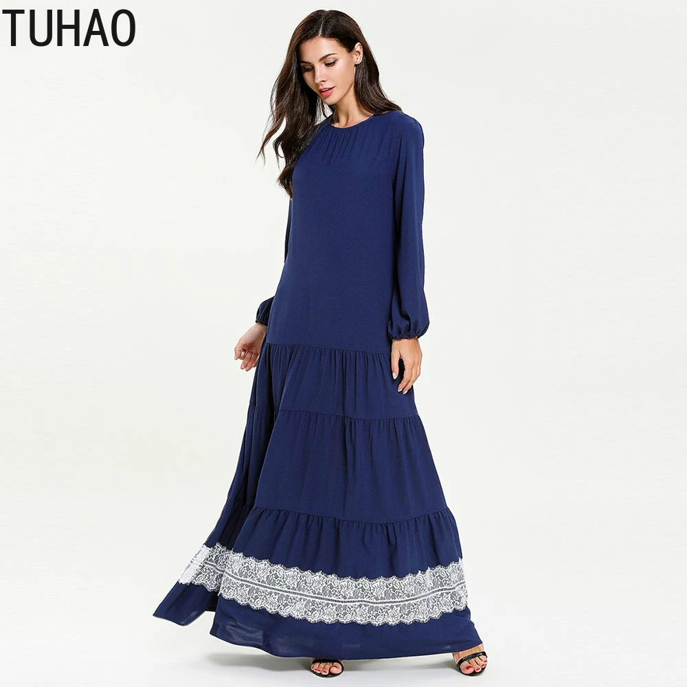 

Elegant Dress Woman Clothes Lace Patchwork Multilayer Muslim Long Robe Spring Fall Long Sleeve Maxi Dresses T7659