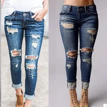 Повседневные длинные женские джинсы с высокой талией, Узкие синие джинсовые штаны, женские рваные винтажные узкие джинсы для мам
