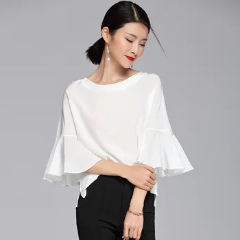

100% Silk Blouse Women White Shirt Solid O Neck Three-quarter Butterfly Sleeves Simple Design Plus Sizes Top New Fashion 2018