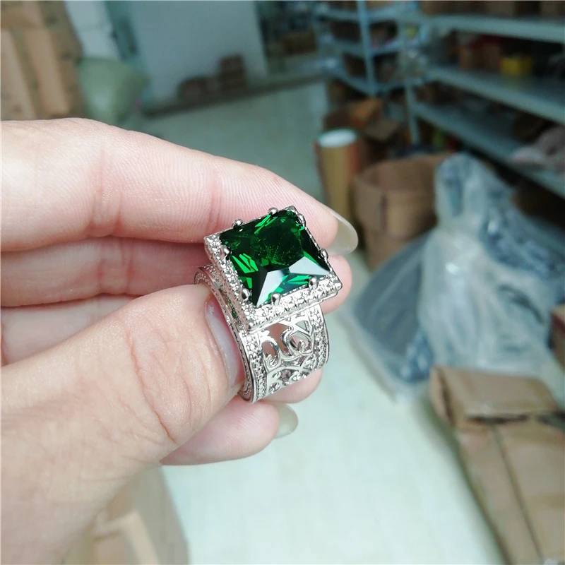 Большое кольцо с зеленым камнем для женщин, свадебный подарок, роскошные ювелирные изделия, серебряное кольцо с кубическим цирконием, Bague Femme Anillos Mujer Z5X873