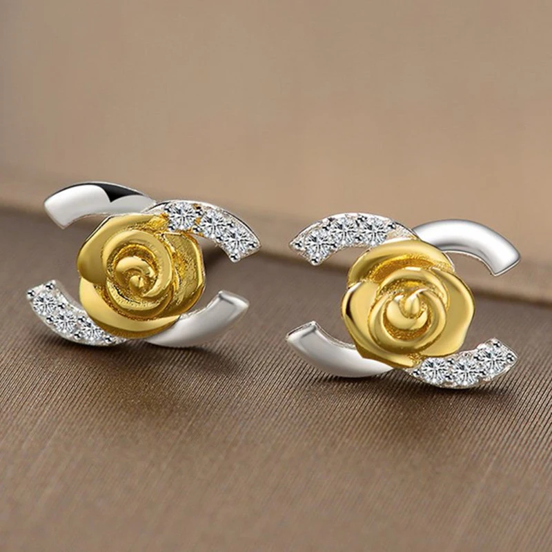 

LIDAVI 925 Sterling Silver Fashion Rose Stud Earring Letter C Temperament Elegant Two-Color Inlay Zircon For Women Gift VES6259