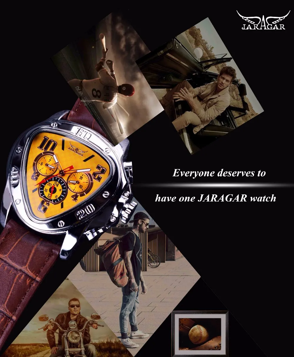 Jaragar спортивный модный дизайн геометрический треугольник чехол коричневый кожаный ремешок 3 циферблата мужские часы лучший бренд класса люкс автоматические часы